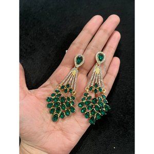 Green Crystal earrings large earring gold tone rhinestone emerald earrings